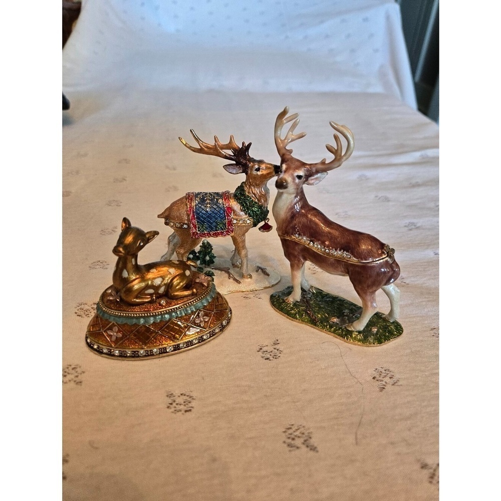 Set of 3 Decorative Jeweled Deer Figurines - Gold & Brown Accents Trinket Boxes